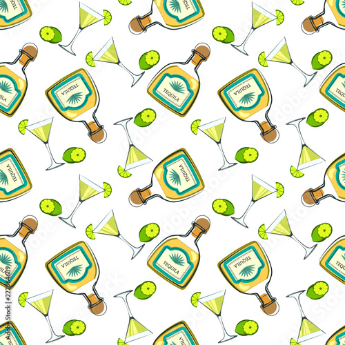 Tequila in seamless pattern. Template for printing on fabric. Illustration for decorating a bar. Alcohol on a white background.