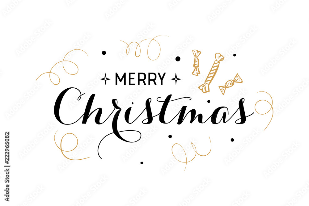 Merry christmas, happy new year lettering font text card. Typography inscription decoration poster winter holiday design. Golden candy, candy, star, snow. Vector illustration isolated background.