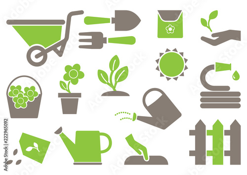 Gardening icons. Green and gray colors. Vector illustration