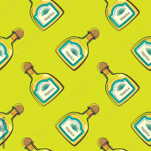 Tequila in seamless pattern. Template for printing on fabric. Illustration for decorating a bar. Alcohol on a green background.