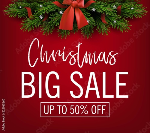 Vector christmas sale banner. Holiday offer. Christmas tree with decorations