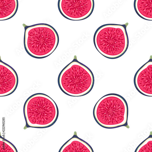 Seamless pattern with halves figs. Healthy dessert. Fruity repeating background. Hand drawn fruits. Exotic food. Wrapping, print on clothes, wallpaper, summer banner