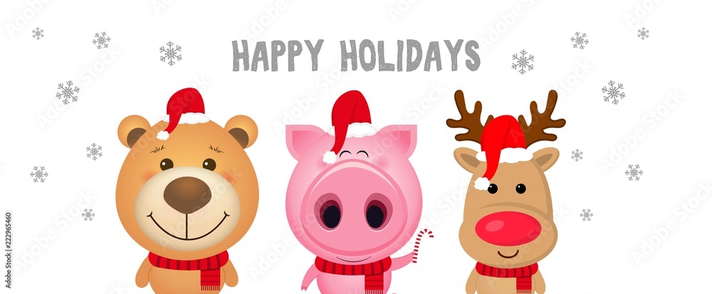 Happy holidays. Vector card with funny cartoon animals. Christmas teddy bear, pig, reindeer