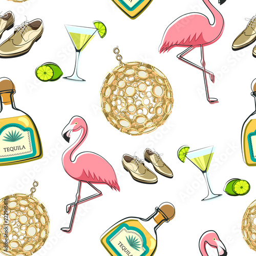 Seamless pattern of a lush life. Pink flamingo in a flat style.