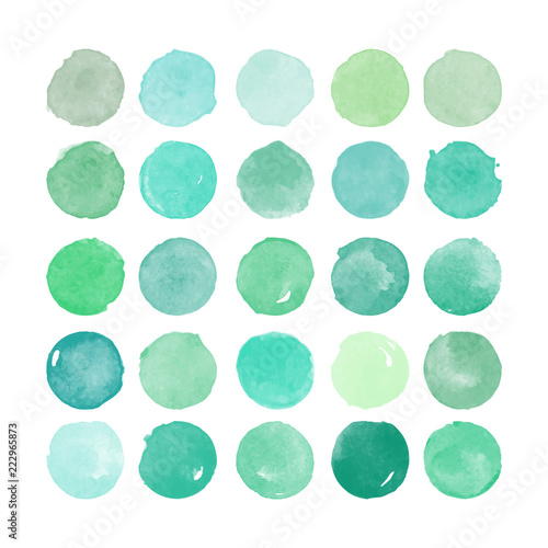 Green set with watercolor hand painted round shapes, stains, circles, blobs isolated on white. Elements for artistic design