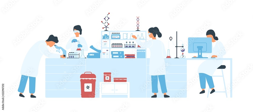Group of scientists wearing white coats conducting experiments in science laboratory. Male and female researchers in chemical lab. Scientific research. Flat cartoon colorful vector illustration. Group of scientists wearing white coats conducting experiments in science laboratory. Male and female researchers in chemical lab. Scientific research. Flat cartoon colorful vector illustration.