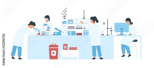 Group of scientists wearing white coats conducting experiments in science laboratory. Male and female researchers in chemical lab. Scientific research. Flat cartoon colorful vector illustration.
