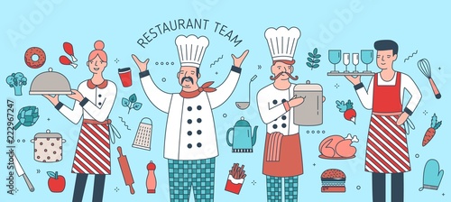 Creative banner with chief, cook, waiter and waitress surrounded by food products, meals and cooking tools. Restaurant team, personnel or staff. Colorful vector illustration in modern linear style.