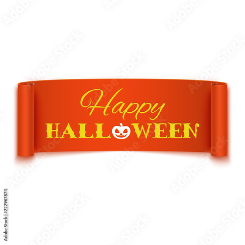 Happy Halloween text on realistic orange ribbon banner, vector illustration