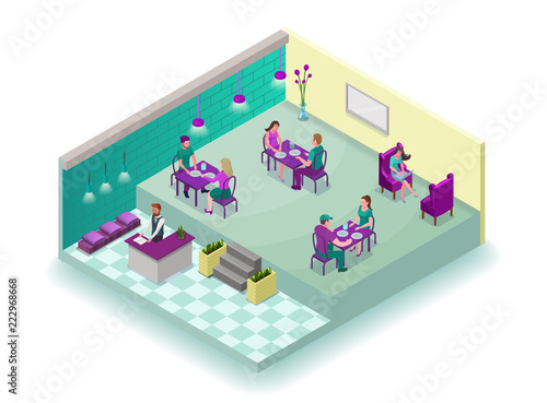 Isometric cafe interior with people, 3d concept of modern restaurant with visitors having food, reception, sofa, table, vector illustration
