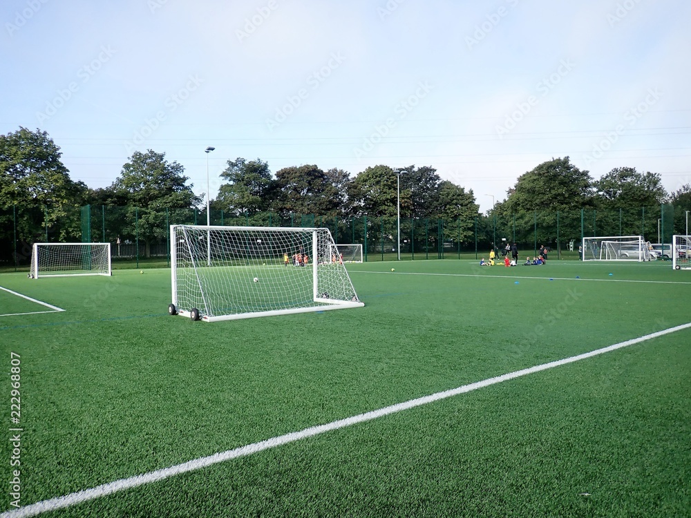 Fototapeta premium Floodlit all-weather 3G artificial grass football pitch, Meriden Community Centre, Watford