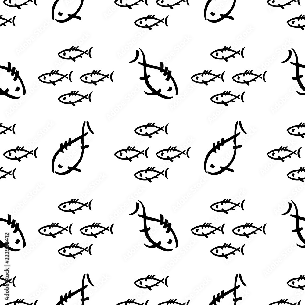 Flat monochrome vector seamless sea fish sketch pattern. Fabric textile summer pattern. Cute doodle pattern with underwater sea creatures. Vector illustration naive element wildlife nautical ornament. Flat monochrome vector seamless sea fish sketch pattern. Fabric textile summer pattern. Cute doodle pattern with underwater sea creatures. Vector illustration naive element wildlife nautical ornament.