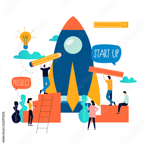 Business project start up process, start up idea launching, project management, start up launch teamwork flat business vector illustration design