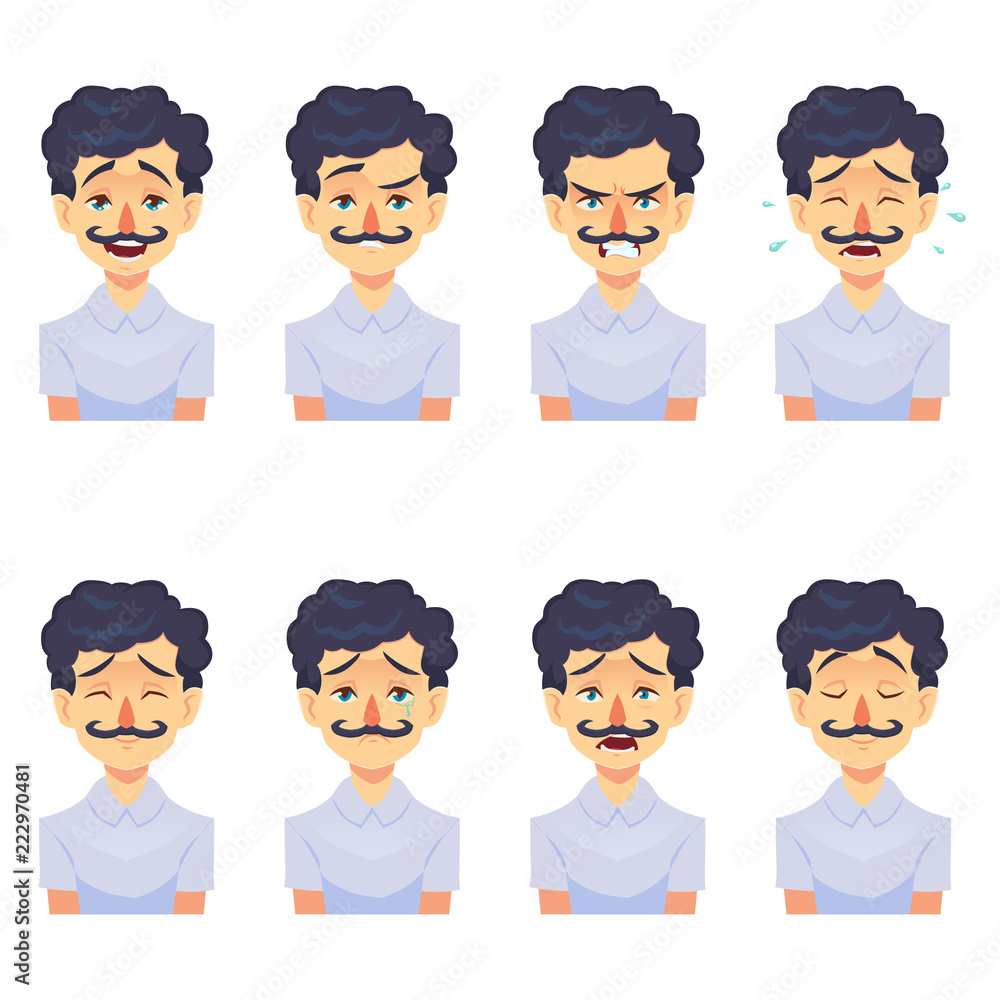 Set of male facial emotions avatar. Hipster man with mustache emoji funny cute character with different expressions. Vector illustration in cartoon style. Set of male facial emotions avatar. Hipster man with mustache emoji funny cute character with different expressions. Vector illustration in cartoon style.