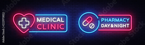 Medical neon sign design template. Pharmacy neon emblem, light banner. Online consultation. Vector illustration