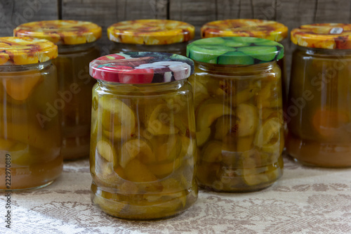Confiture, green pear in glass jars.