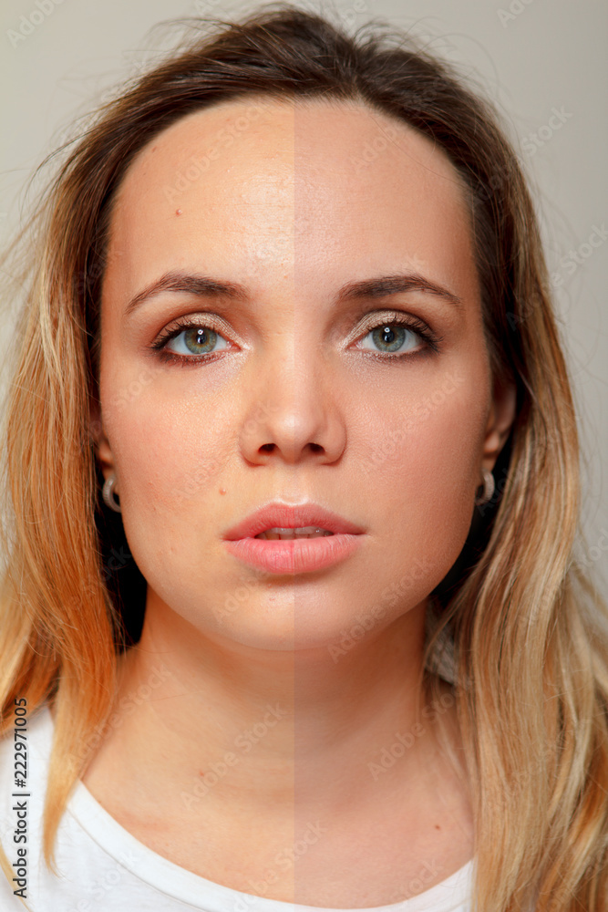 Obraz premium Retouch - face of beautiful young woman before and after.