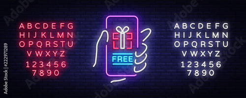 Gift app page on smartphone screen Neon Sign. Gift neon sign, Bonus in smartphone. Modern concept for web banners, web sites, infographics. Vector illustration. Editing text neon sign