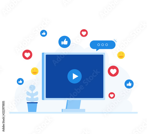 Concept of video marketing, live streaming. Likes, shares and comments popping up on the computer screen. Modern flat style vector illustration