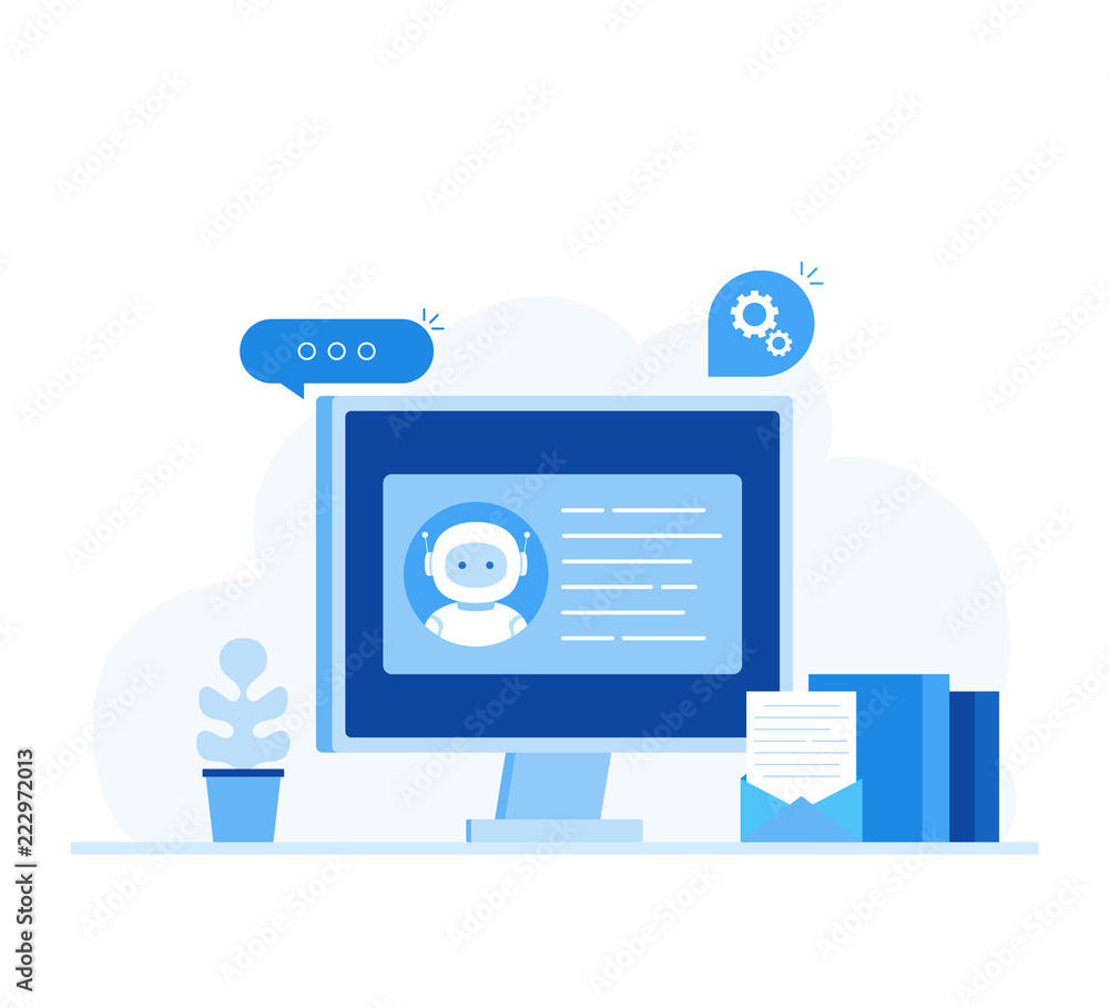 Chatbot business concept. Modern banner for the site. Chatbot, artificial intelligence, customer support, hotline with bot. Flat style vector illustration Chatbot business concept. Modern banner for the site. Chatbot, artificial intelligence, customer support, hotline with bot. Flat style vector illustration