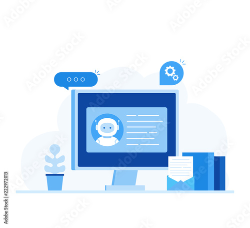 Chatbot business concept. Modern banner for the site. Chatbot, artificial intelligence, customer support, hotline with bot. Flat style vector illustration