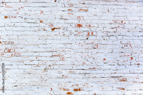 Red White Wall Background. Old Grungy Brick Wall Horizontal Texture. Brickwall Backdrop. Stonewall Wallpaper. Vintage Wall With Peeled Plaster. Retro Wall. Brick Wall With White Uneven Stucco