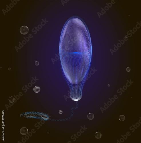 realistic, blue lightening poisonous jellyfish in dark deep water with bubbles,