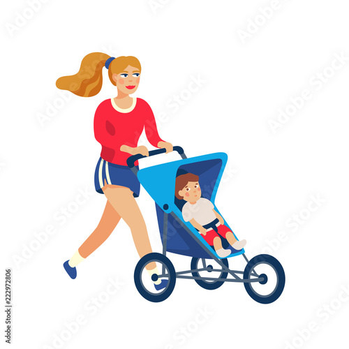 Young stylish Mother running with baby in stroller. Young mother jogging with baby carriage and. Cartoon style vector illustration