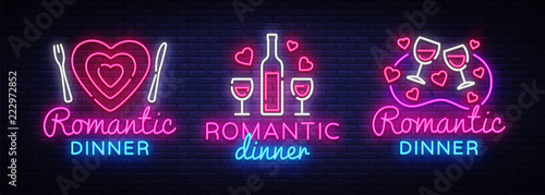 Romantic Dinner Neon Logo collection Vector. Wine neon sign, design template, modern trend design, night neon signboard, night light advertising, light banner, light art. Vector illustration