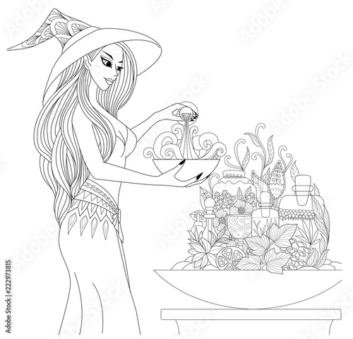 Beautiful witch  preparing a potion with apothecary bottles and herbs for Halloween theme. Coloring book pages design.Vector illustration 