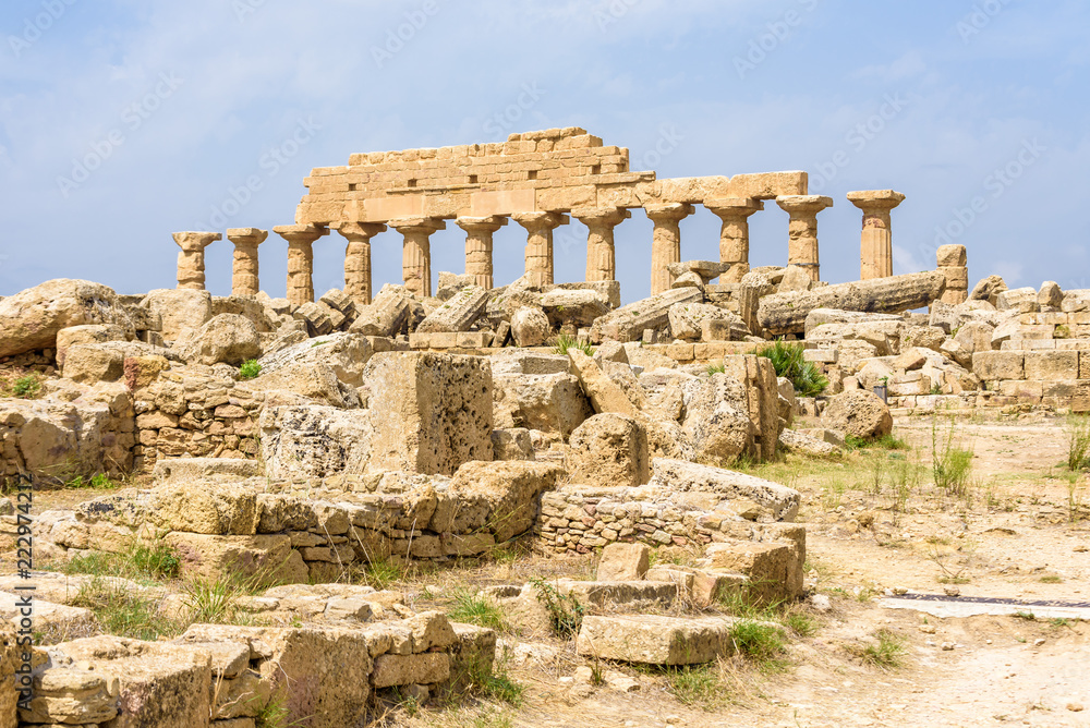 Ruins of the Temple C dedicated to Apollo, inside the archaeological park of Selinunte, an ancient Greek city on a seaside hill in the south west coast of Sicily.