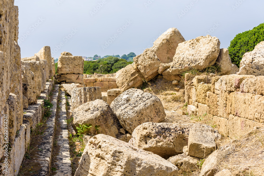 Ruins of the Temple C dedicated to Apollo, inside the archaeological park of Selinunte, an ancient Greek city on a seaside hill in the south west coast of Sicily.