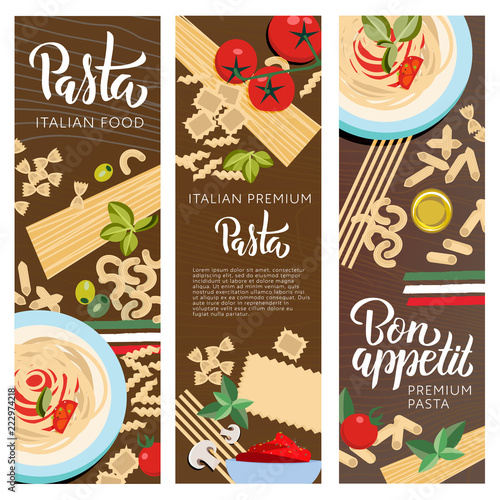 Set ot 3 Italian food banners with pasta hand lettering. Farfalle, Ravioli, Penne, Macaroni, Macheroni, Fusilli, Tortellini, Spaghetti, Fetuccine, Lasagne with greenery seasoning, oil, tomatos vector