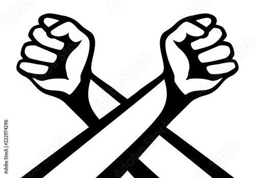 Two crossed hands with fists on a white background.