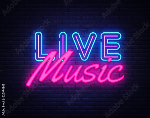 Live Music neon sign vector. Live Music Design template neon sign, light banner, neon signboard, nightly bright advertising, light inscription. Vector illustration