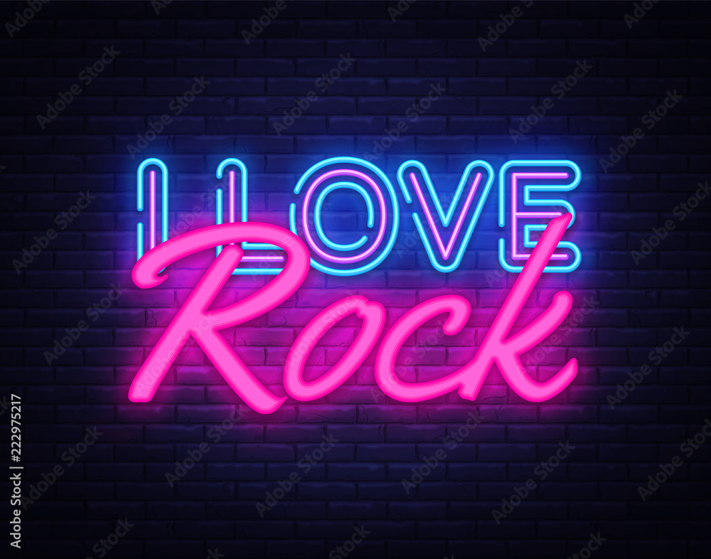 I Love Rock Neon Text Vector. Rock Music neon sign, design template, modern trend design, night neon signboard, night bright advertising, light banner, light art. Vector illustration
