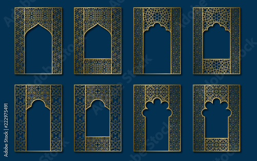 Set of golden vintage frames in form of ornate door and window. Book, booklet, brochure covers, greeting card or leaflet backgrounds templates.