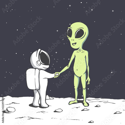 meeting and handshake of an alien and an astronaut in space.Cosmic friends.Vector illustration