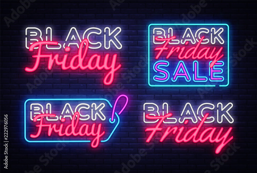 Big collectin neon signs for Black Friday. Neon Banner Vector. Black Friday neon sign, design template, modern trend design, night neon signboard, night bright advertising. Vector illustration