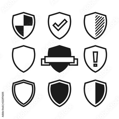 Set of shield Icons. Black and white vector illustration