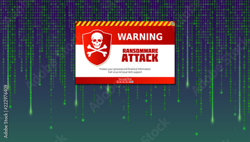 Alert message of virus detected. Ransomware attack, identifying computer virus inside binary code of matrix. Template for concept of security, programming and hacking, decryption and encryption.