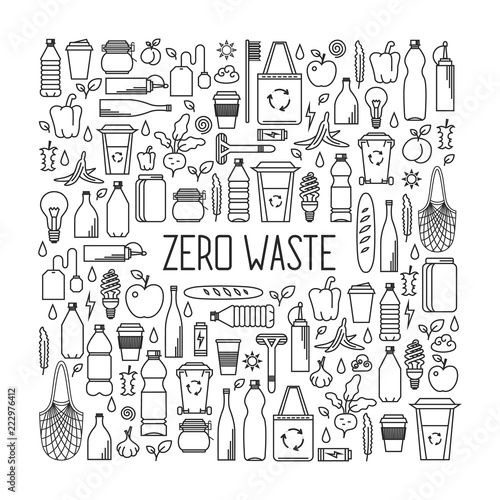Zero waste concept. Line art collection of eco and waste elements