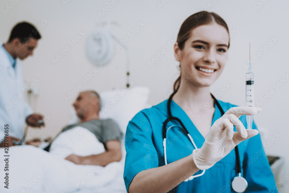 Syringe in Hospital. Nurse with Syringe in Clinic. Syringe in Hospital. Nurse with Syringe in Clinic.