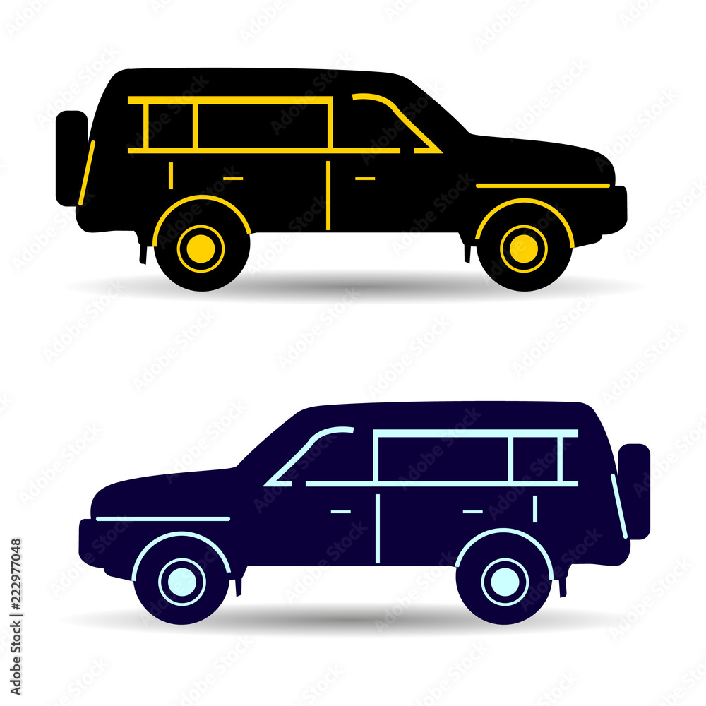 Two cars (black and dark blue), silhouette on white background,