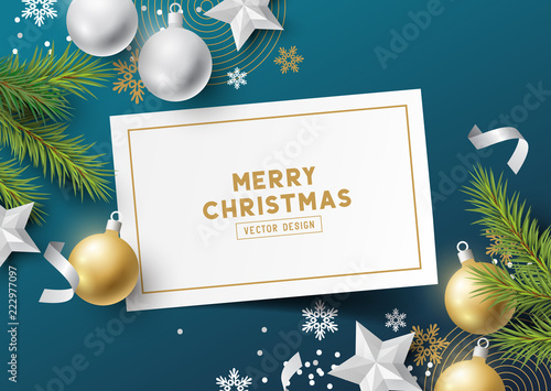 Festive Christmas Composition with fir branches, christmas baubles and snowflakes on a colorful background. Top view vector illustration.