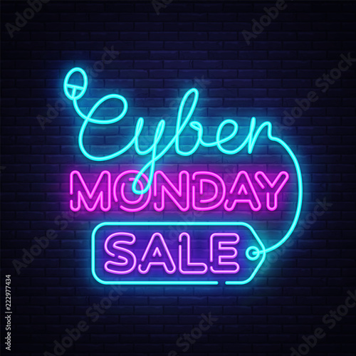 Cyber Monday, discount sale concept Vector illustration in neon style, online shopping and marketing concept. Neon luminous signboard, bright banner, Light advertisement