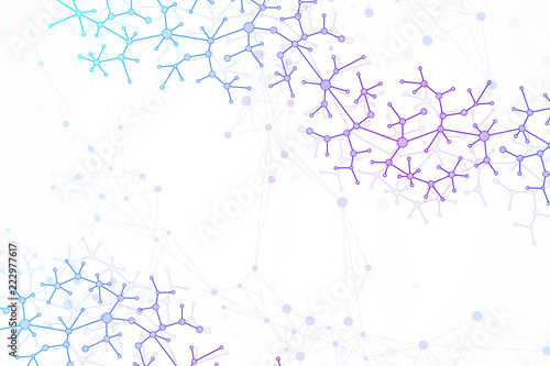 Scientific vector illustration genetic engineering and biotechnology concept. DNA helix, DNA strand, molecule or atom, neurons. Abstract gene manipulation or medical background.