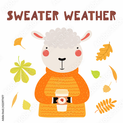 Hand drawn vector illustration of a cute sheep in sweater, with paper cup, autumn leaves, quote Sweater weather. Isolated objects on white. Scandinavian style flat design. Concept for children print.