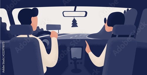 Pair of people sitting on front seats of car moving along highway. Automobile driver and passenger, back view. Road journey, ride, trip. Trendy colorful vector illustration in modern cartoon style.