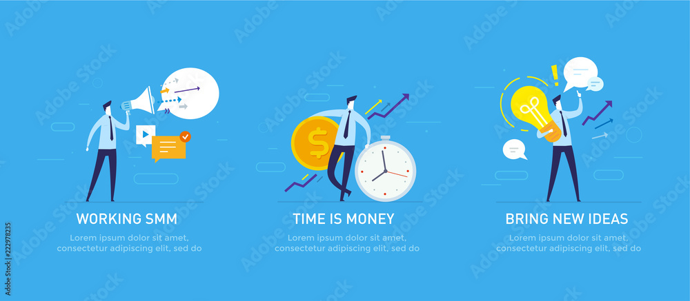 Set of illustrations concept with businessmen character. Workflow, growth, graphics. Business development, milestones. linear illustration Icons infographics. Landing page site print poster